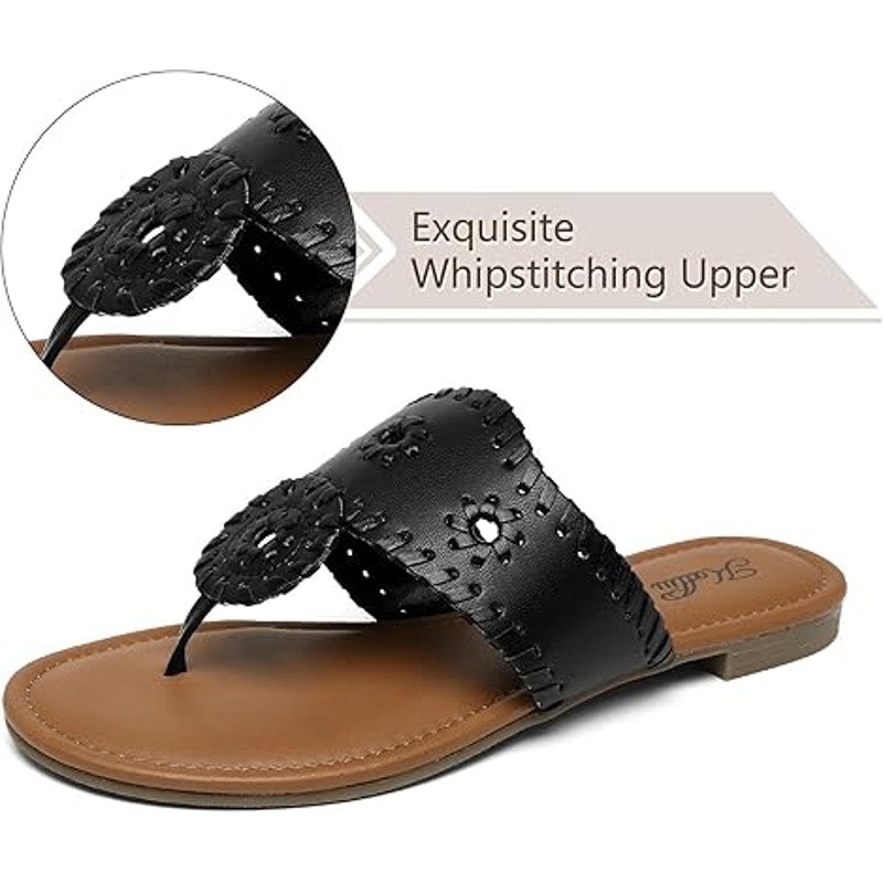Katliu Womens Size 6 Black Wide Band Vamp Flat Thong Flip Flop Sandal Shoes