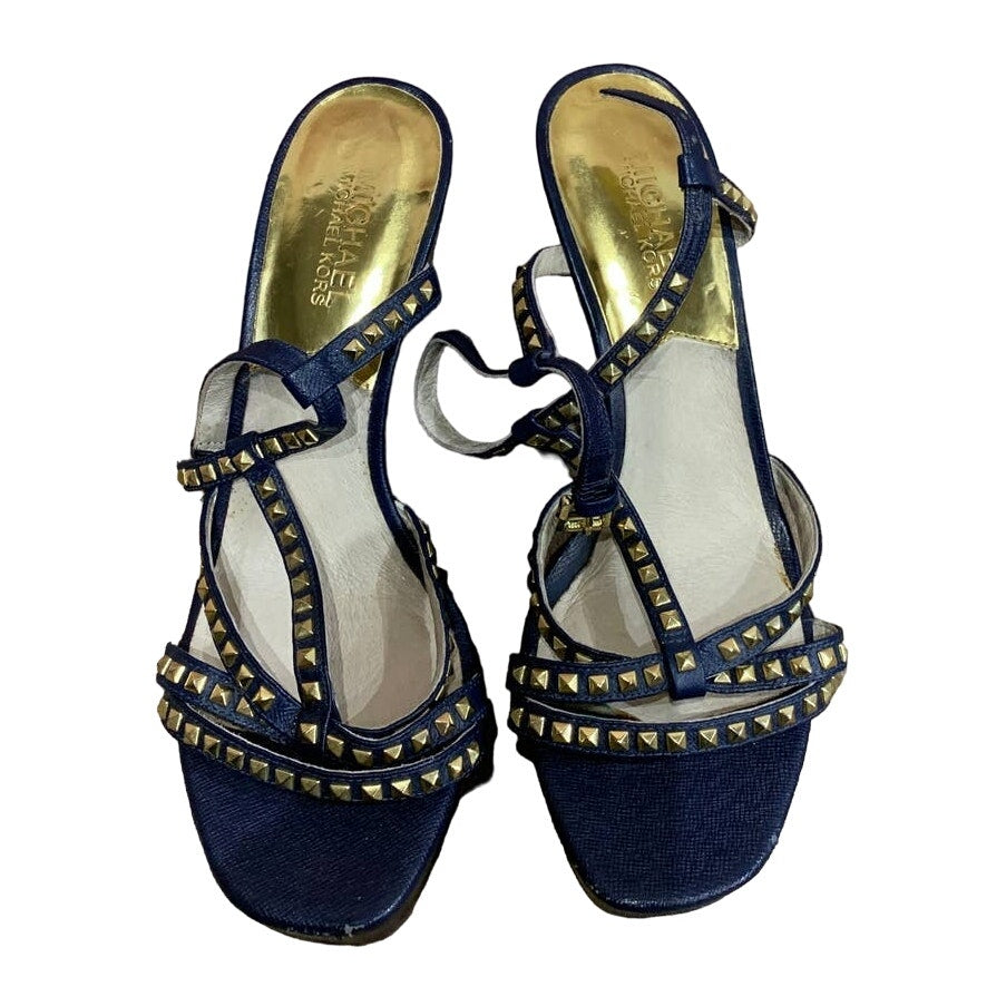 Michael Kors Size 8M Navy Blue Leather Gold Studs Strappy Wedge Heel Sandals