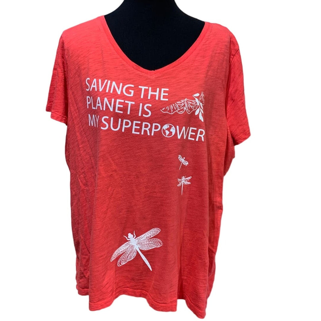 Hand Printed Upcycled Womens 2X Saving the Planet is My Superpower Dragonfly Tee