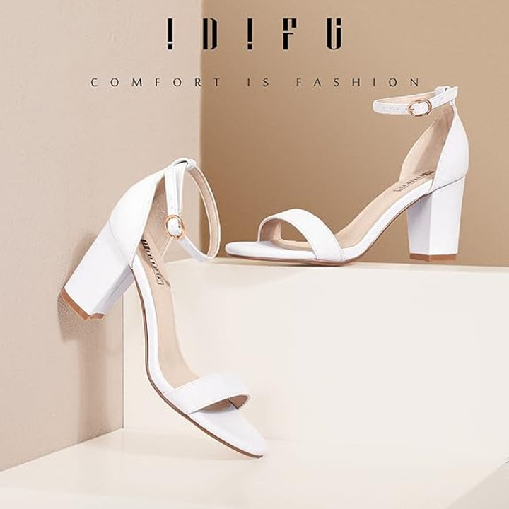 Idifu Womens 7.5 White 3" Block Heels Ankle Strap Open Toe Sandals Wedding Shoes