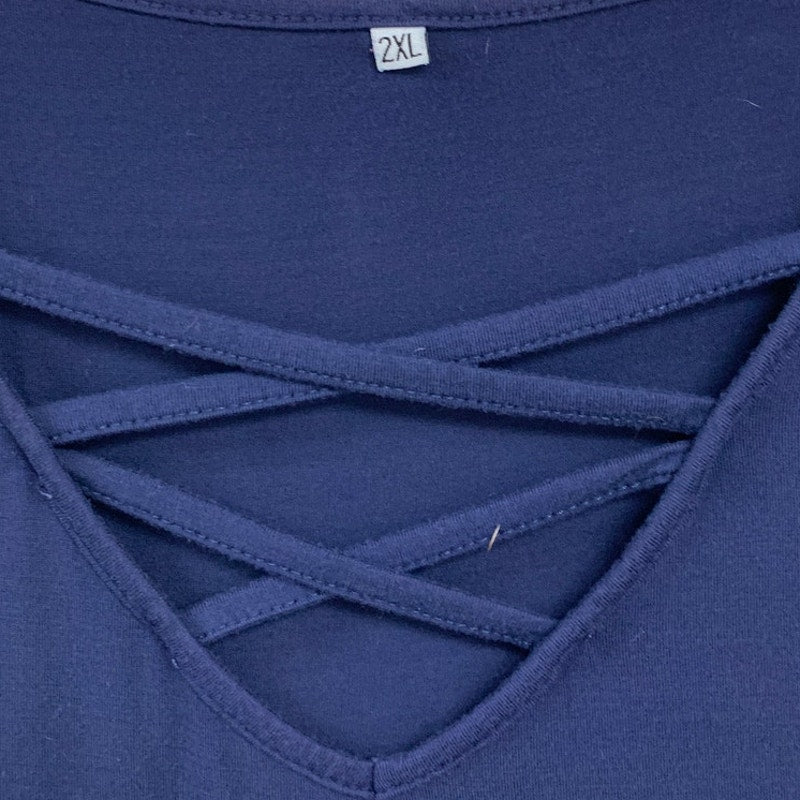 Lot of 2 Womens 2X Navy Heathered Purple Strappy Neck Long Short Sleeve Tops