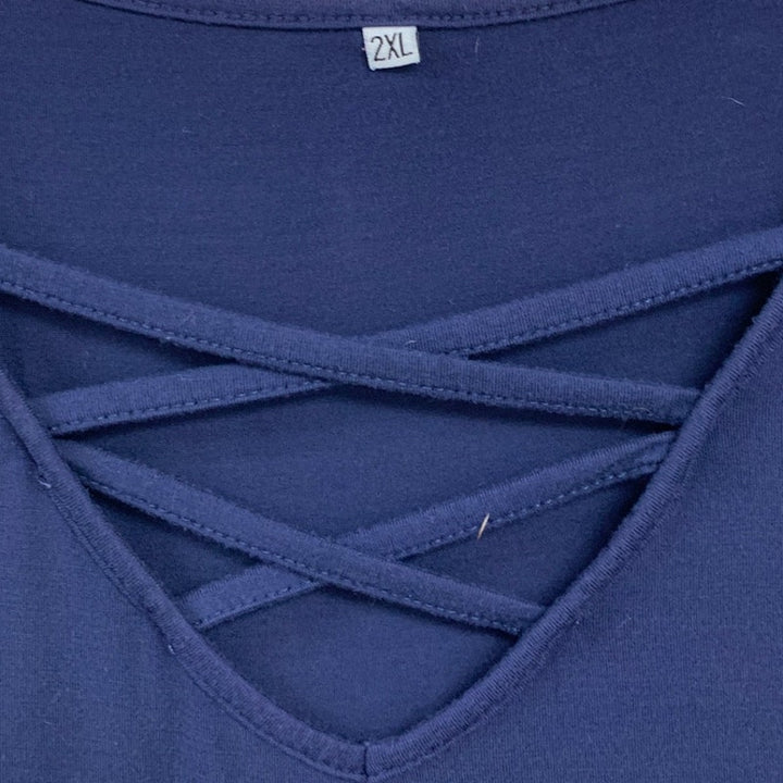 Lot of 2 Womens 2X Navy Heathered Purple Strappy Neck Long Short Sleeve Tops