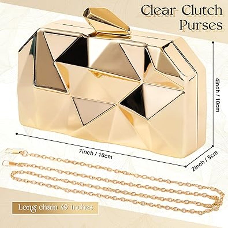 New Jadive Shiny Gold Metal Geometric Removeable Long Chain Evening Clutch Purse