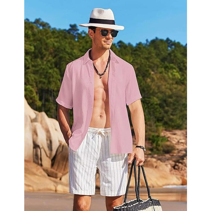 Coofandy Mens Large Pink Short Sleeve Casual Button Up Breathable Collared Shirt