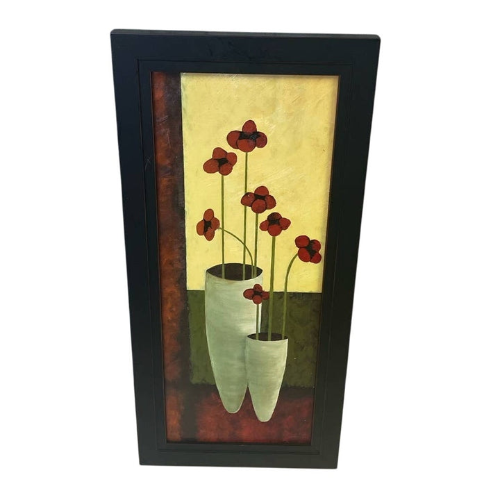 Red Poppy Flowers Tall White Vases Yellow Background Framed Art Print Wall Art