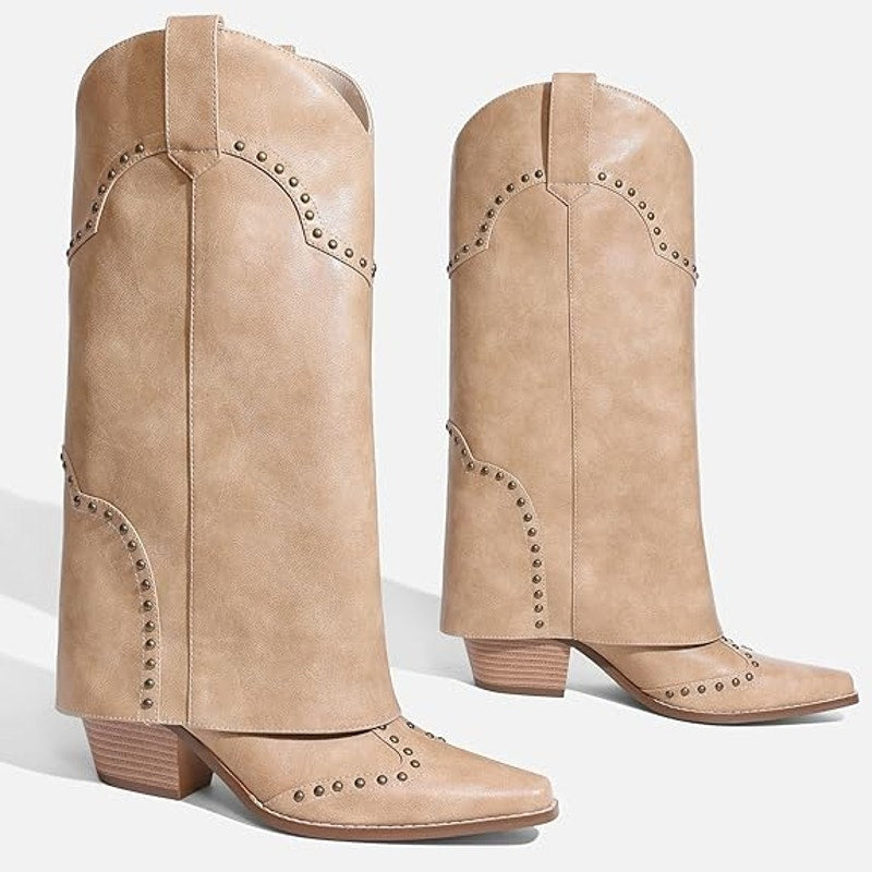 Ronilurn Womens Size 11 Tan Faux Shark Fold Over Mid Calf 3" Chunky Heel Boots