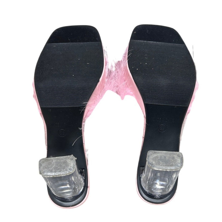 Liuruijia Womens Size 7.5 Clear Strap Pink Feather Square Toe Platform Shoes