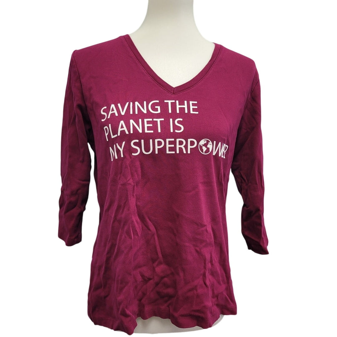 Hand Printed Upcycled Womens Large Saving the Planet Superpower 3/4 Sleeve Tee