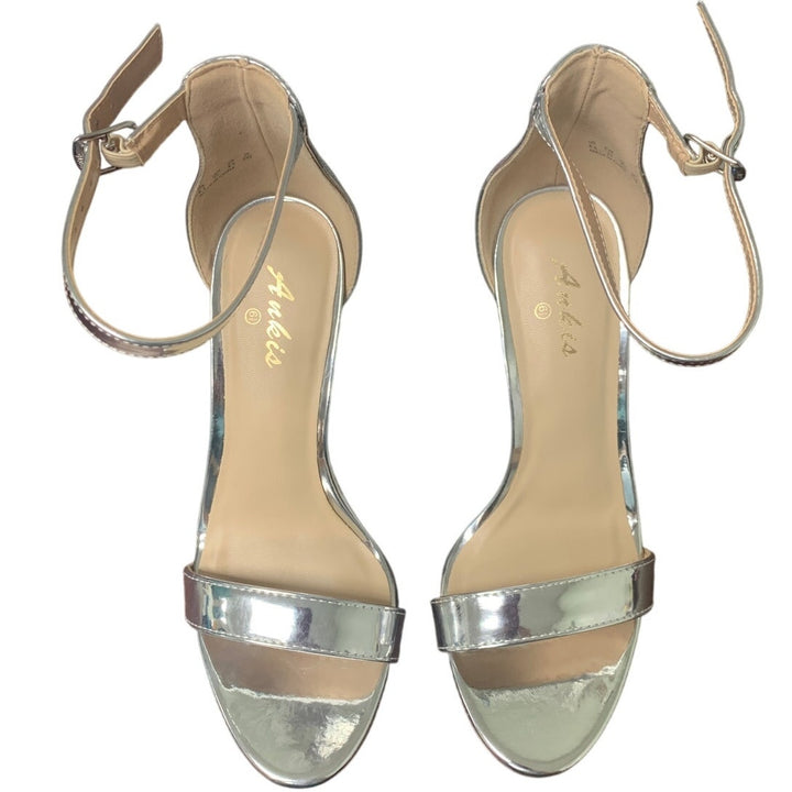 New Ankis Womens 6.5 Silver 4" High Heel Open Toe Ankle Strap Stilleto Shoes