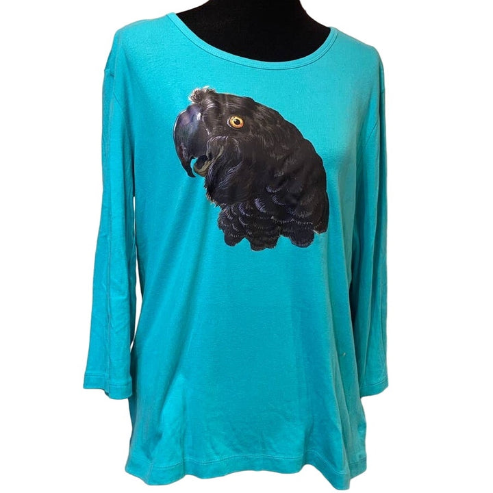 Upcycled Hand Printed Womens XL Black Parrot Bird Ukraine Artist Fundraiser Tee