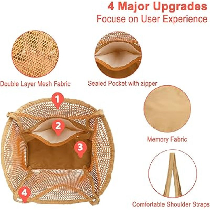 New Fammart Tan Double Handle Interior Zip Pocket Foldable Mesh Beach Tote Bag
