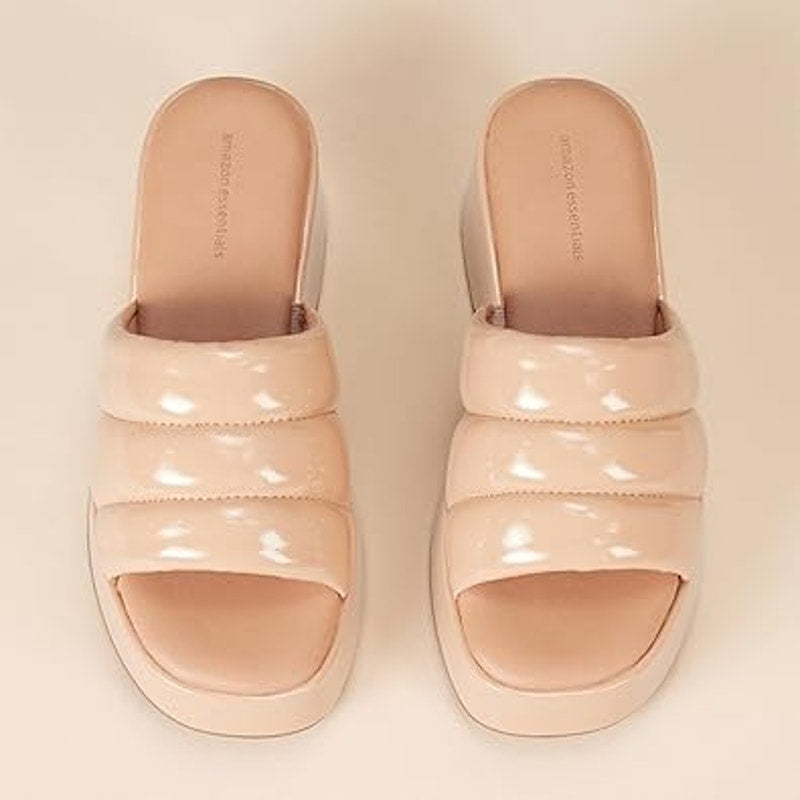 New Amazon EssentialsWomens Size 9 Tan Faux Leather Platform Slide On Sandals
