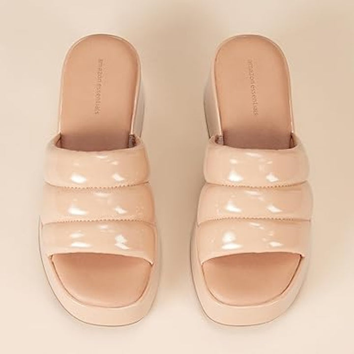 New Amazon EssentialsWomens Size 9 Tan Faux Leather Platform Slide On Sandals