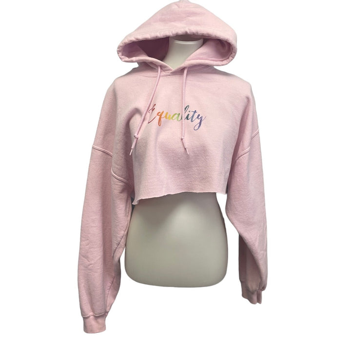 Hand Printed Upcycled Womens XL Equality Rainbow LGBTQ Cropped Cutoff Hoodie