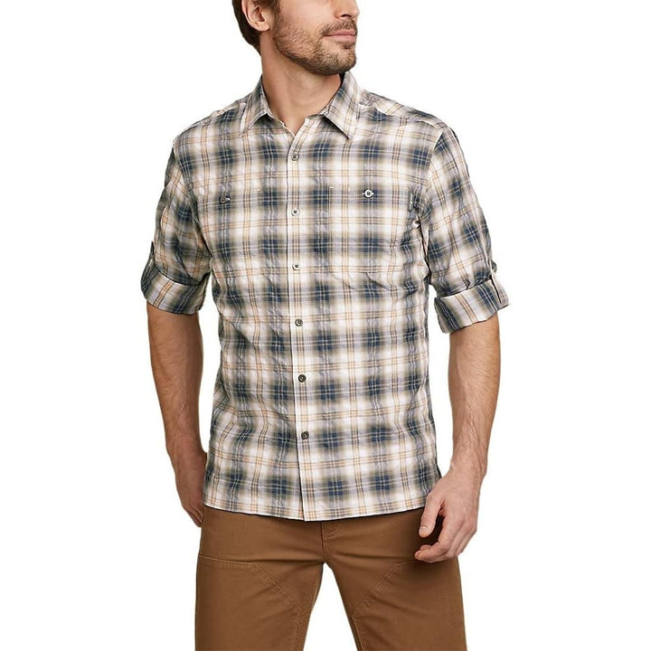 New Eddie Bauer Mens Blue Plaid Rainier 2.0 UPF 50+ Long Sleeve Hiking Shirt
