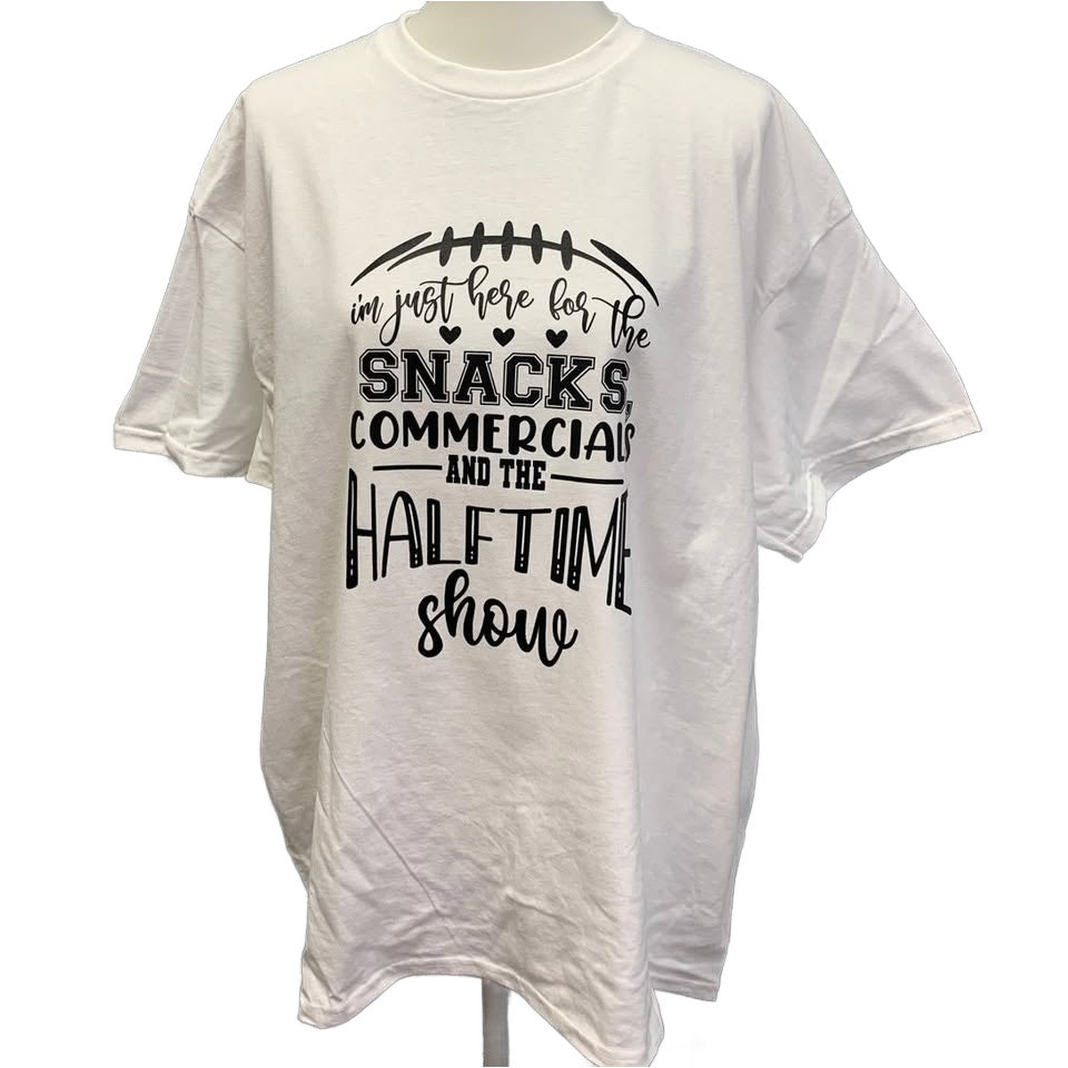 Hand Printed XL Superbowl Here for the Snacks Commercials Halftime Show Tee