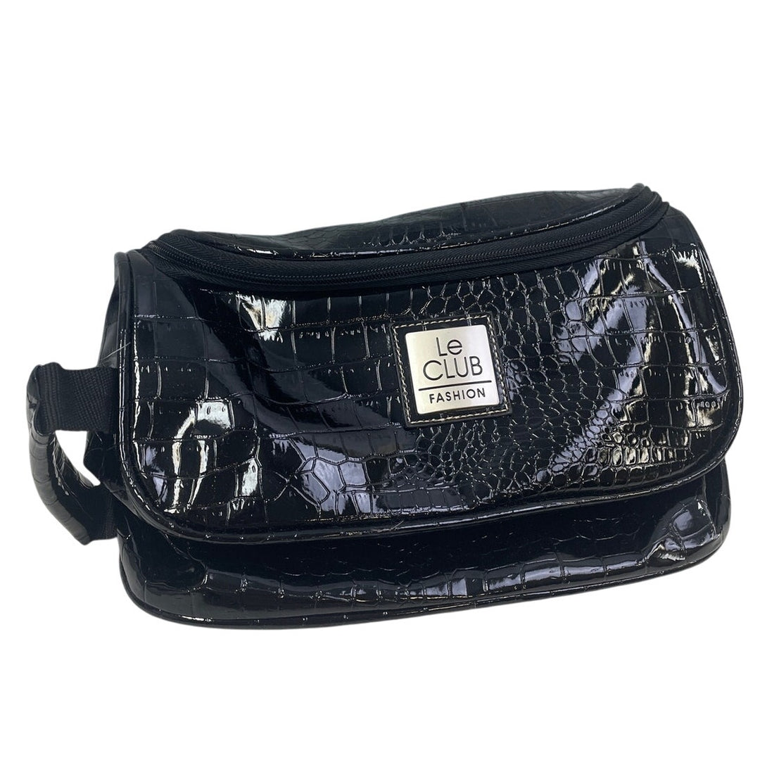 Le Club Fashion Black Vinyl Mens Full Zip Faux Croc Pattern Toiletry Bag Case