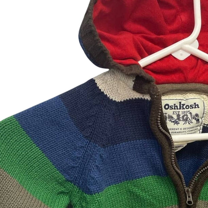 Osh Kosh Boys 2 Mos Upcycled Striped Hooded Full Zip Sweater Jacket w Pockets