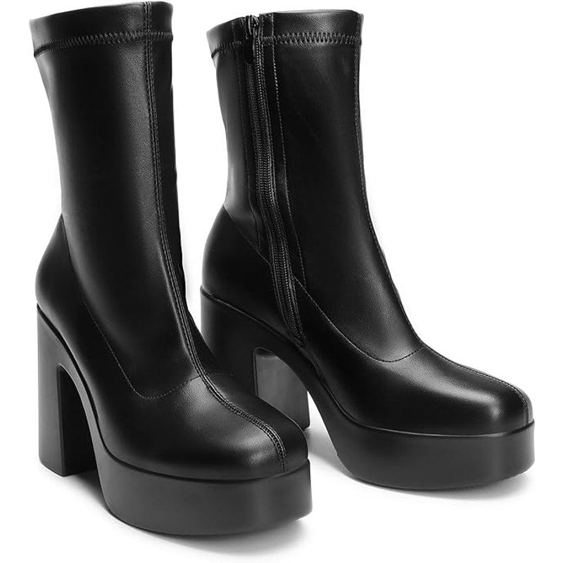 Dream Pairs Womens Size 8 Black Faux Leather Chunky Platform Gogo Ankle Boots