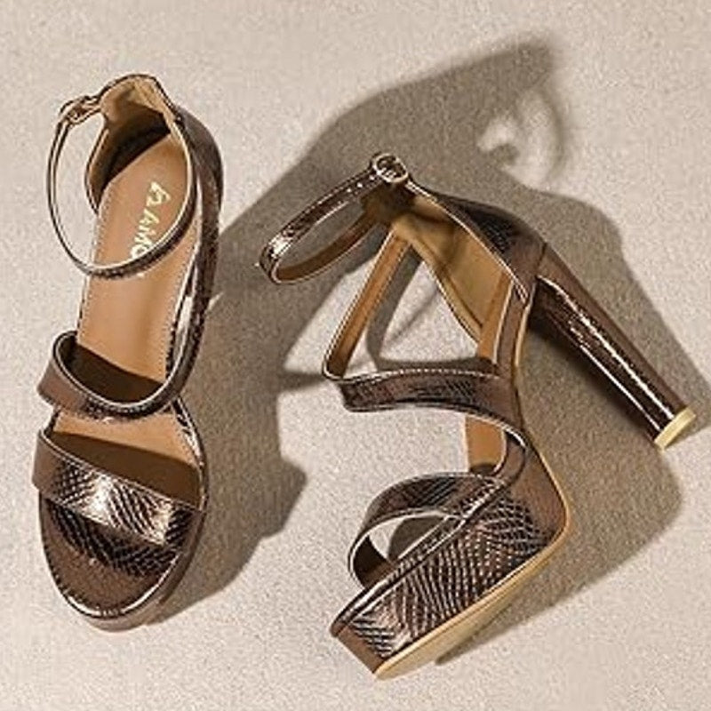 Amoji Womens Size 8 Shiny Copper 4" Block Heels Platform Ankle Strap Sandals