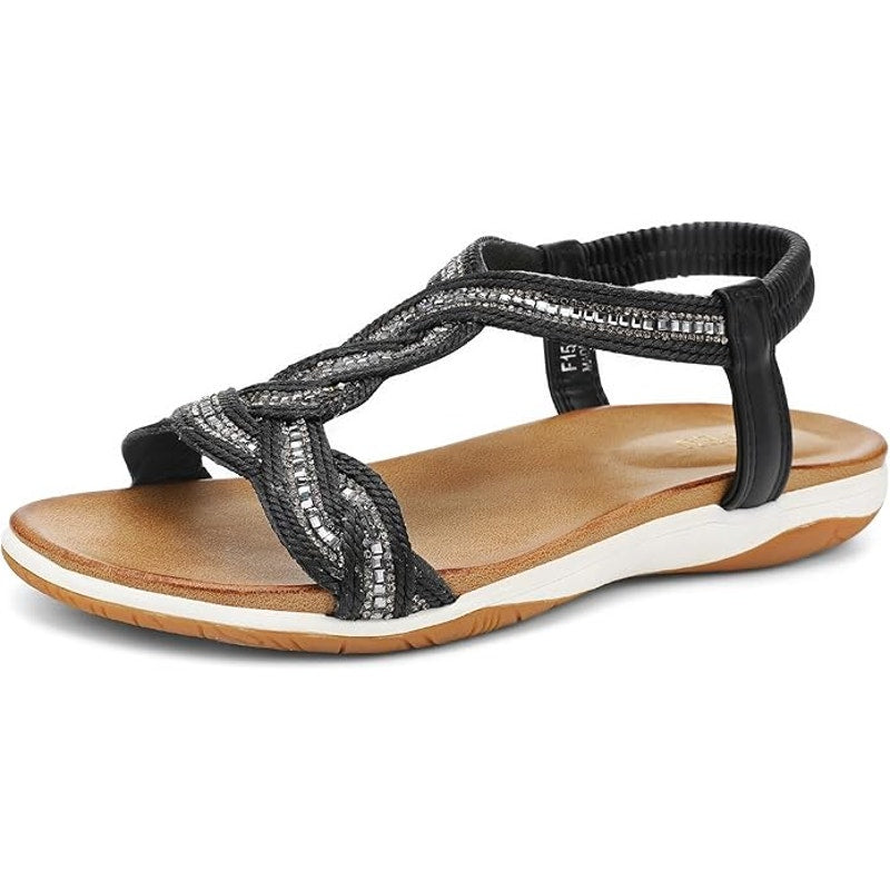 Ubfen Womens Size 11.5 Black Silver Open Toe Elastic Ankle Strap Comfort Sandals