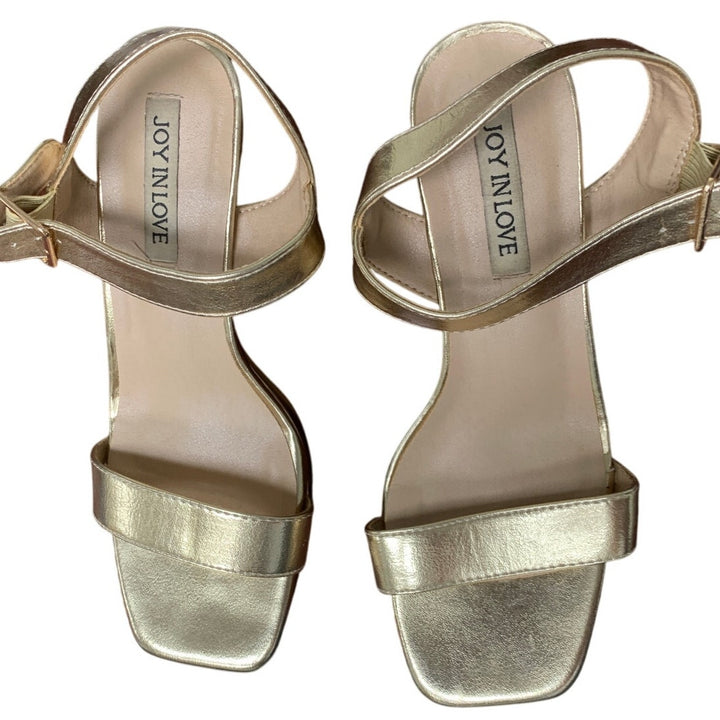 Joy In Love Women 7.5 Shiny Gold Open Toe 4" Block Heel Ankle Strap Sandal Shoes