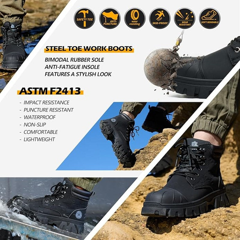 Kelodon Mens Size 9.5 Black Waterproof Steel Toe Memory Foam Non Slip Work Boots