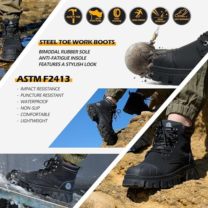 Kelodon Mens Size 9.5 Black Waterproof Steel Toe Memory Foam Non Slip Work Boots