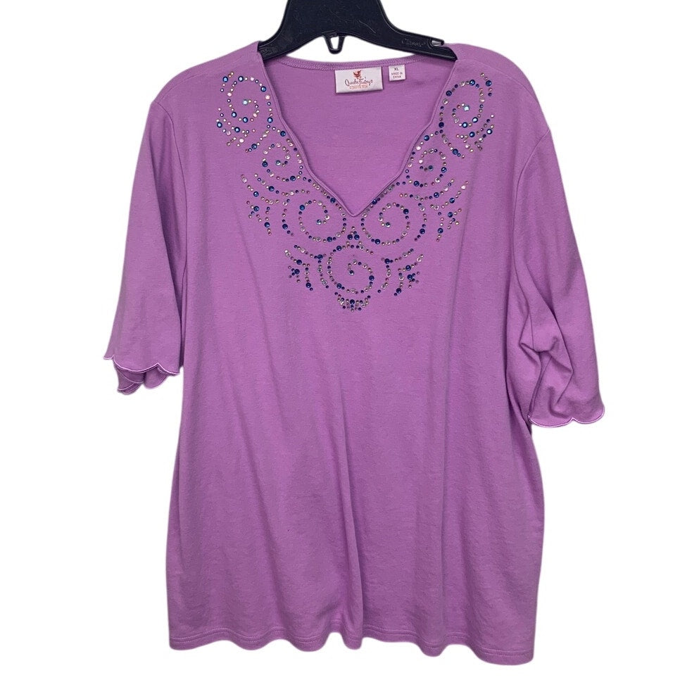 Lot of 3 Womens XL Green Purple Bling Floral Short Sleeve Summer Tops Shirts