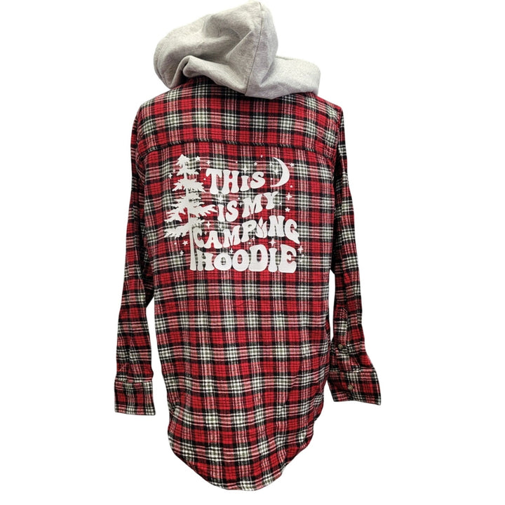 New Hand Printed Womens Small This is My Camping Hoodie Flannel Button Up Shirt