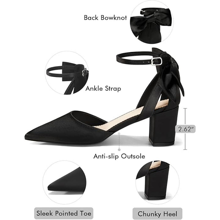 Coutgo Womens 7.5 Black 2.5" Heels Back Bow Closed Pointed Toe Ankle Strap Shoes
