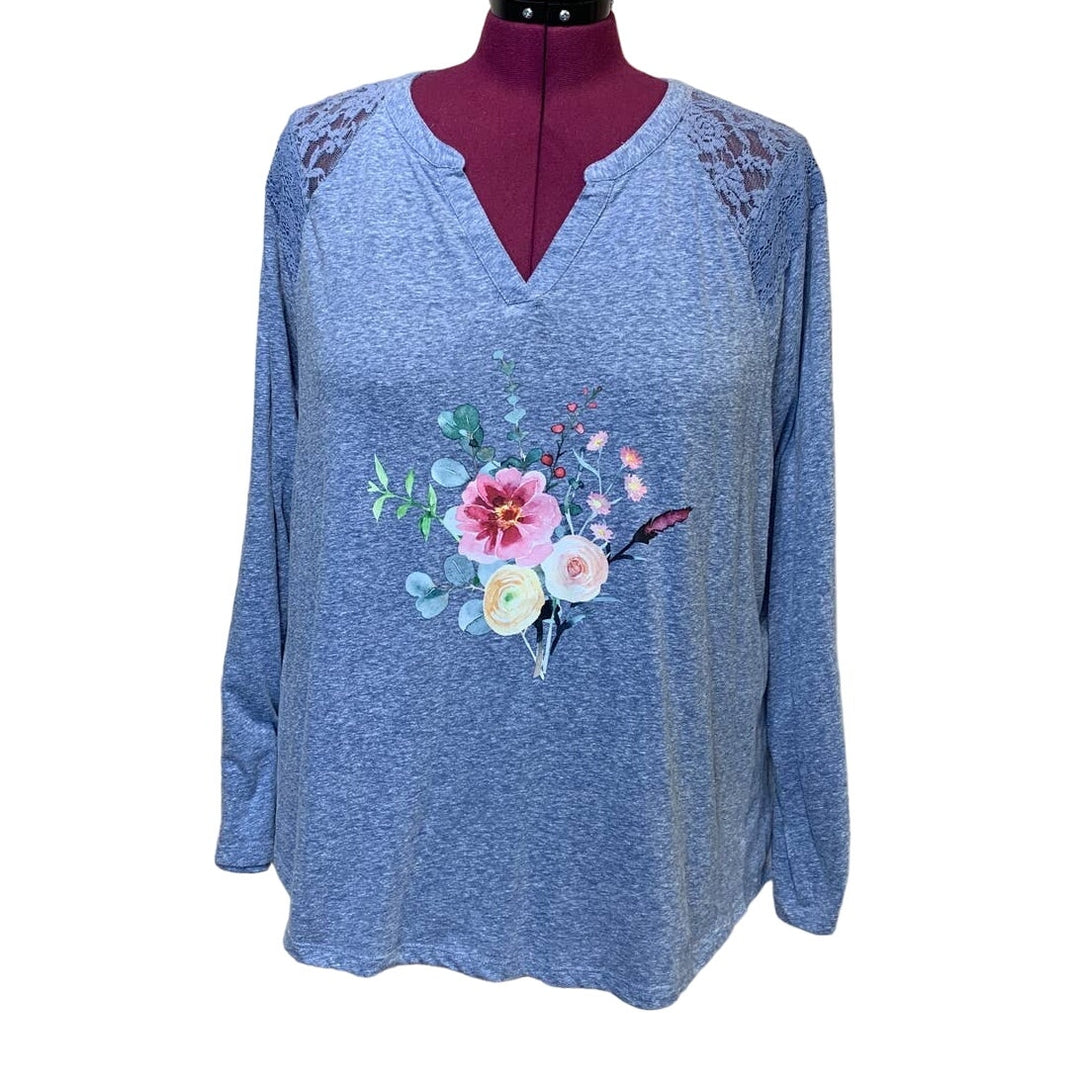 Hand Printed 2X Upcycled Blue Watercolor Summer Flower Peony Aster Bouquet Top