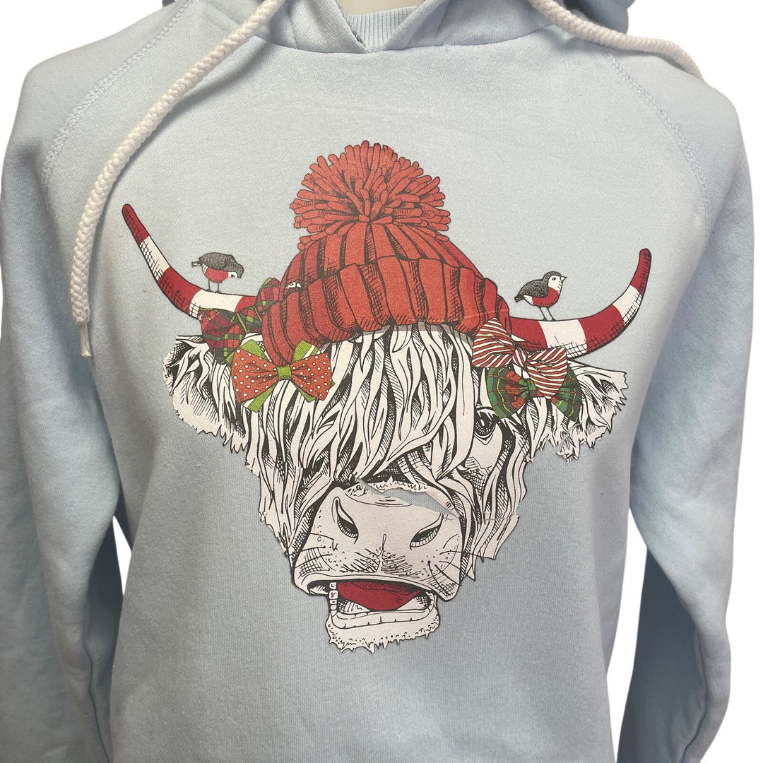 Upcycled Hand Printed Medium Christmas Cow w Hat Bows Birds Sweatshirt Hoodie