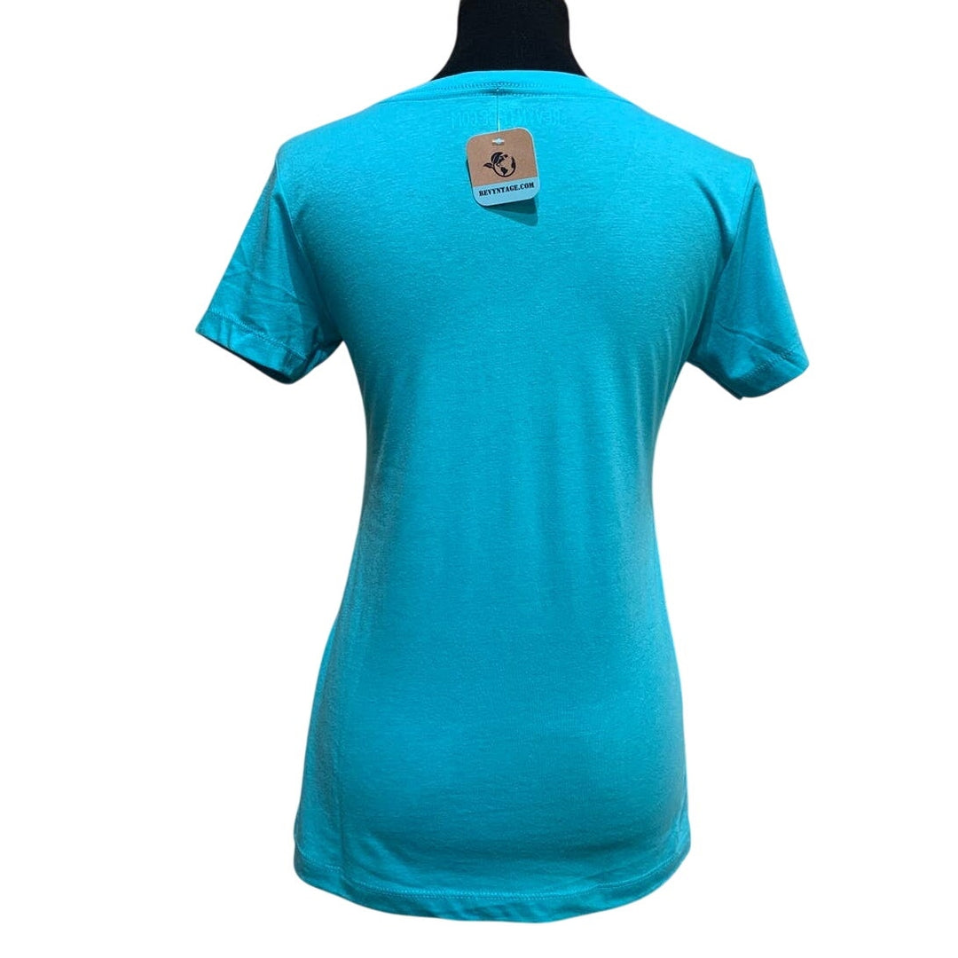 New Hand Printed Womens Small Dragonfly Short Sleeve PolyCotton Blend V-Neck Tee