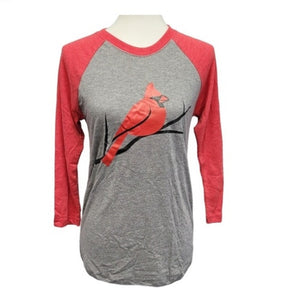 New Hand Printed XL Red Cardinal Bird 3/4 Sleeve Gray Cotton Blend Raglan Tee