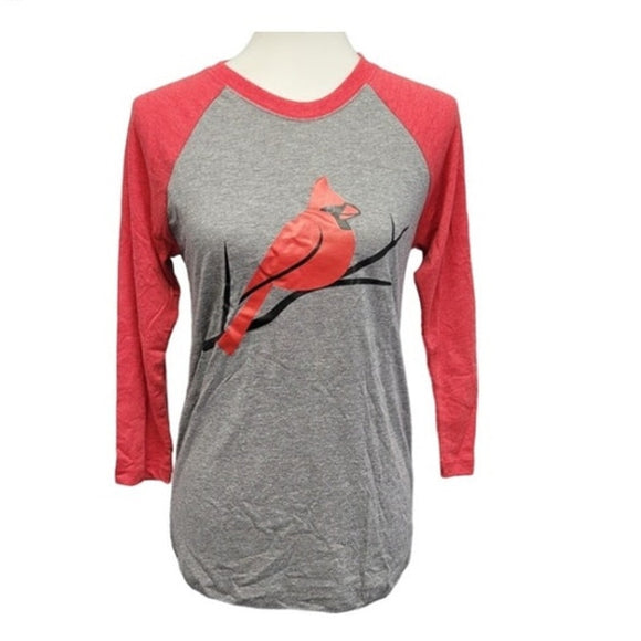 New Hand Printed XL Red Cardinal Bird 3/4 Sleeve Gray Cotton Blend Raglan Tee