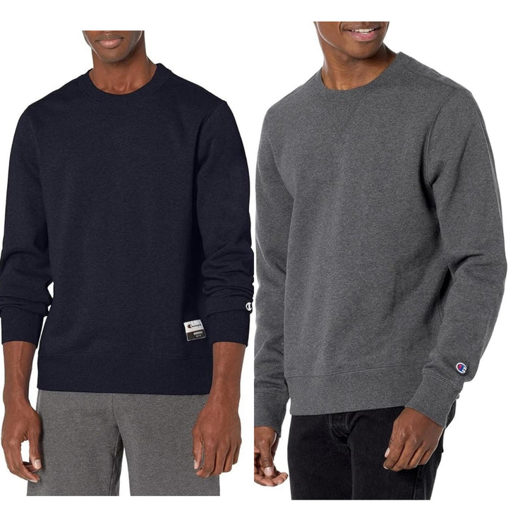 2 New Champion Mens Medium Gray &amp; Navy Sueded Fleece Pullover Crew Sweatshirts