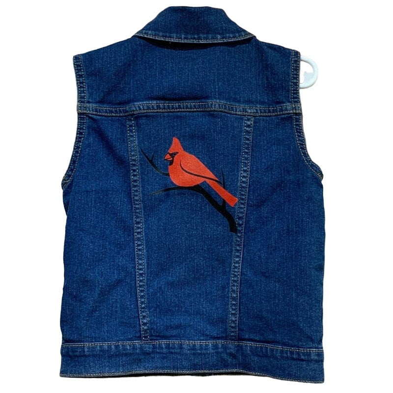 Hand Printed Upcycled Girls Small (5-6) Blue Denim Jean Vest w Red Cardinal Bird