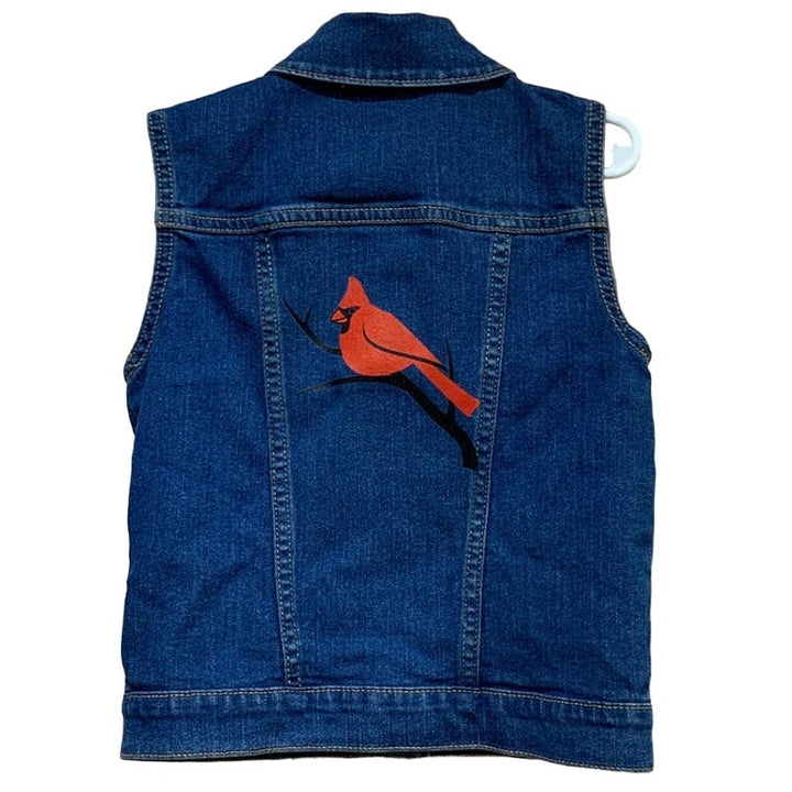 Hand Printed Upcycled Girls Small (5-6) Blue Denim Jean Vest w Red Cardinal Bird