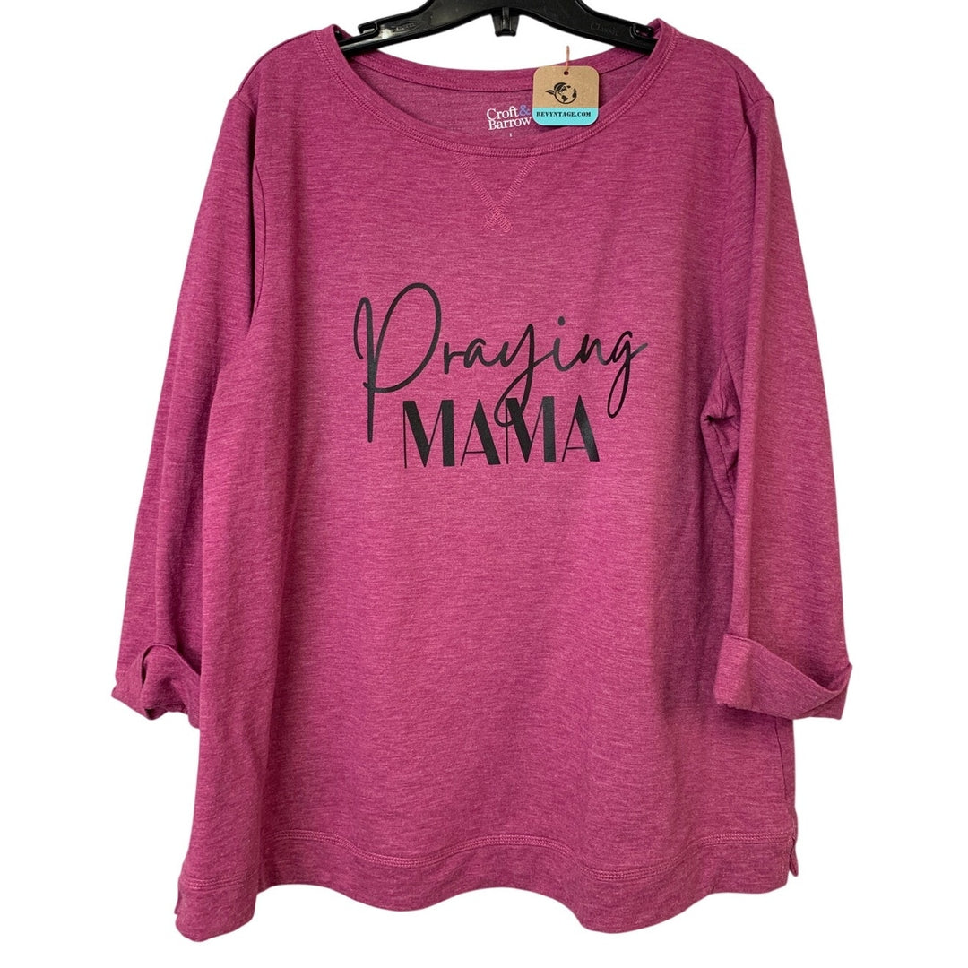 Upcycled Hand Printed Women Large Praying Mama 3/4 Sleeve Lightweight Sweatshirt