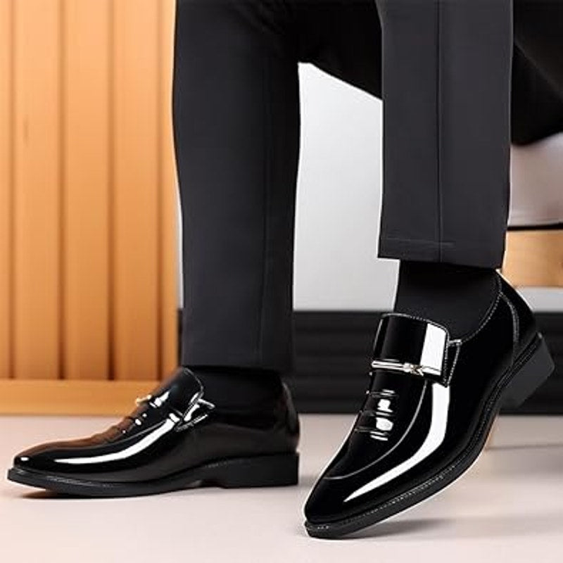 New Mens Size 12 Black Faux Leather Gold Rhinestone Accent Slide On Loafer Shoes