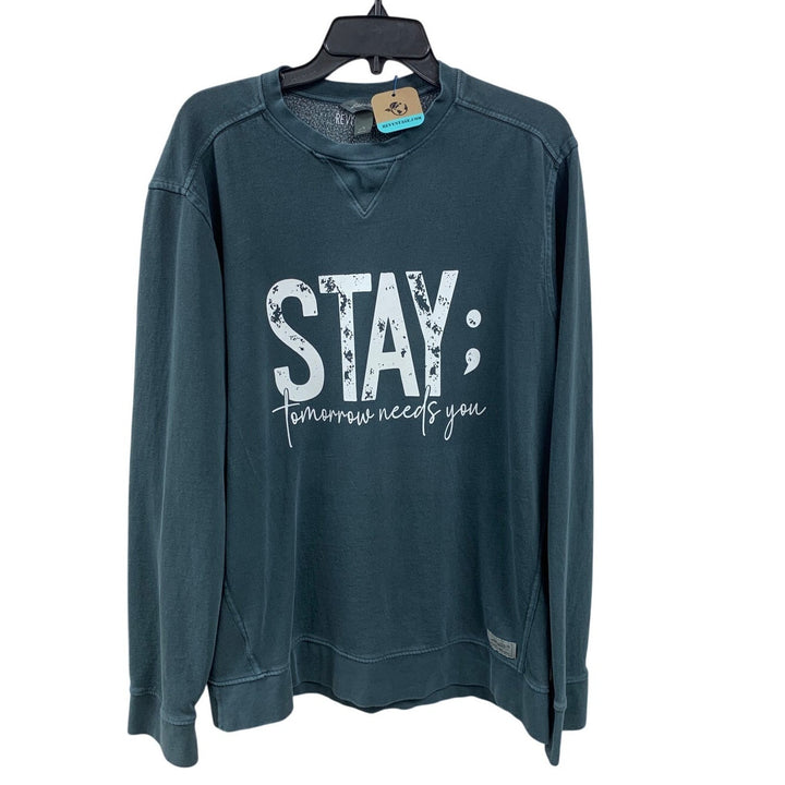 Upcycled Hand Printed Mens Large Tall Gray Stay Tomorrow Needs You Sweatshirt