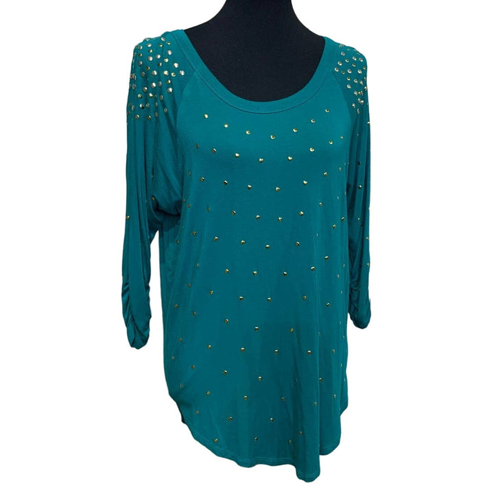 Grace Elements Small Gold Silver Studded Ruched 3/4 Sleeve Lightweight Blouse