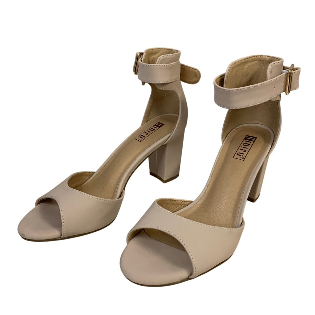IDIFU Womens Size 7 Pinky Tan 3" Chunky Heel Round Peep Toe Ankle Strap Shoes