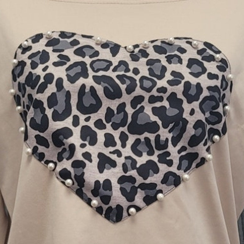 CBR Womens Small PolyCotton Long Sleeve Pearl Beads Leopard Print Heart Top