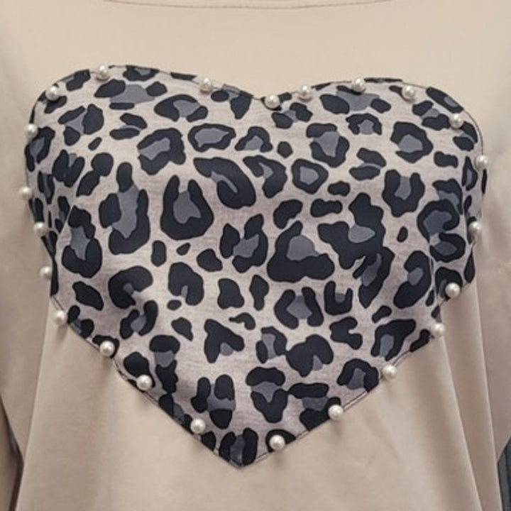 CBR Womens Small PolyCotton Long Sleeve Pearl Beads Leopard Print Heart Top