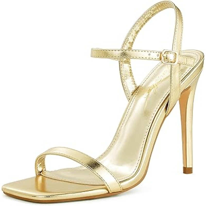 Genshuo Womens Size 6 Shiny Gold Open Toe 4" Heel Buckle Strap Sandal Shoes