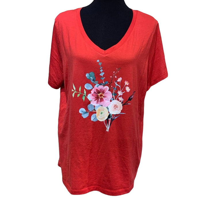 Hand Printed 2X Upcycled Red Watercolor Summer Flower Peony Aster Bouquet Tee