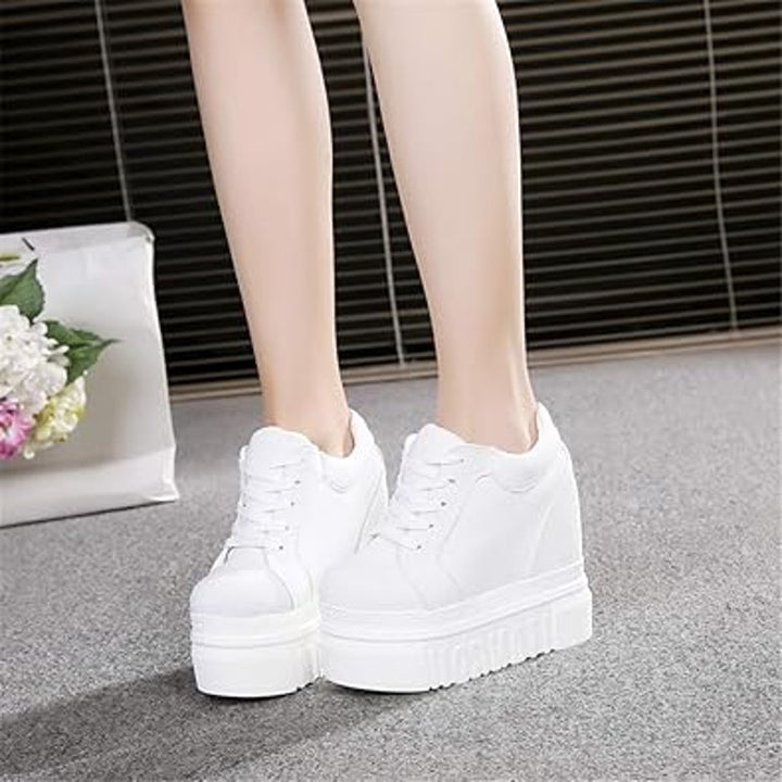 New Ace Shock Womens Size 7.5 White Canvas Hidden 5" Heel Wedge Platform Shoes