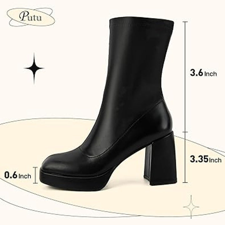 Putu Womens Size 7.5 Black Faux Leather 3.75" Platform Block Heel Pull On Boots